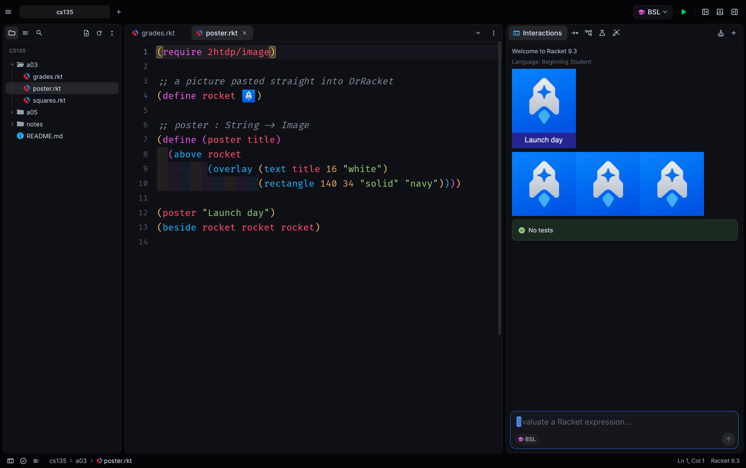 A Beginning Student file saved by DrRacket with a pasted rocket image, and the REPL showing the images it produced.