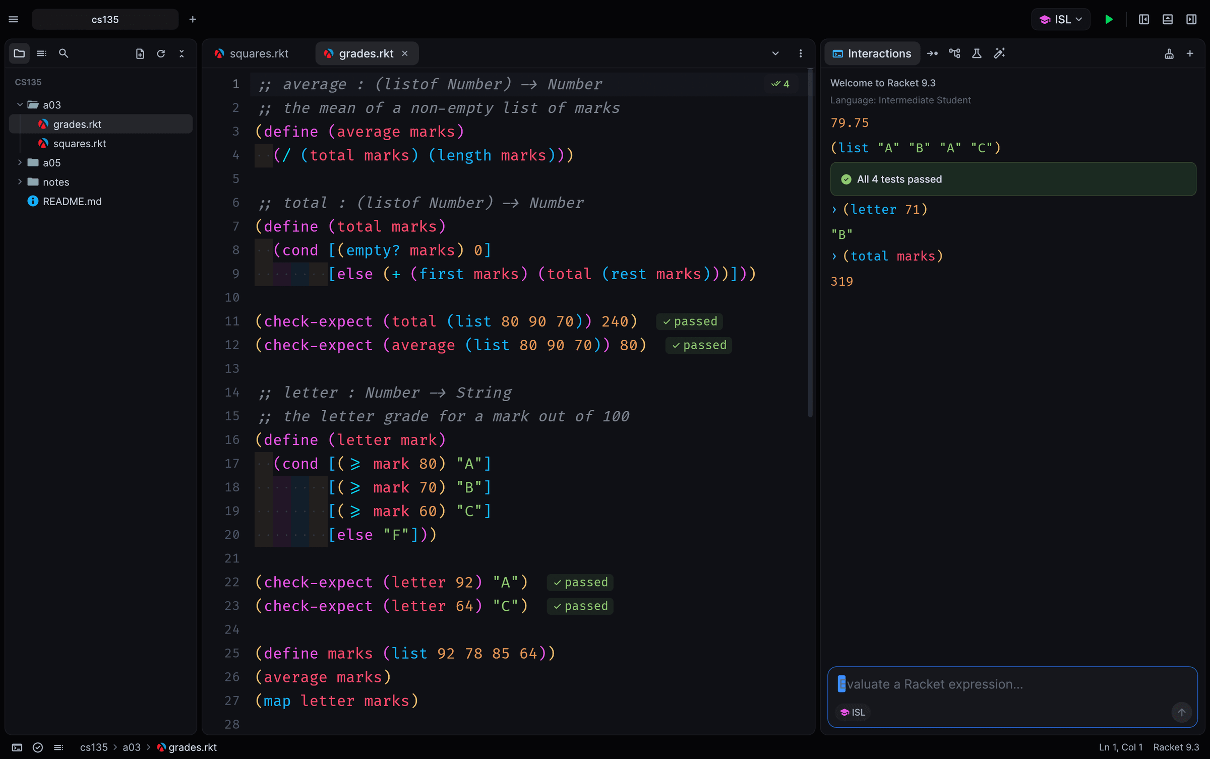 Dr. Rocket with an Intermediate Student program: the file tree on the left, check-expect results passing inline, and the REPL on the right showing the results of a run.