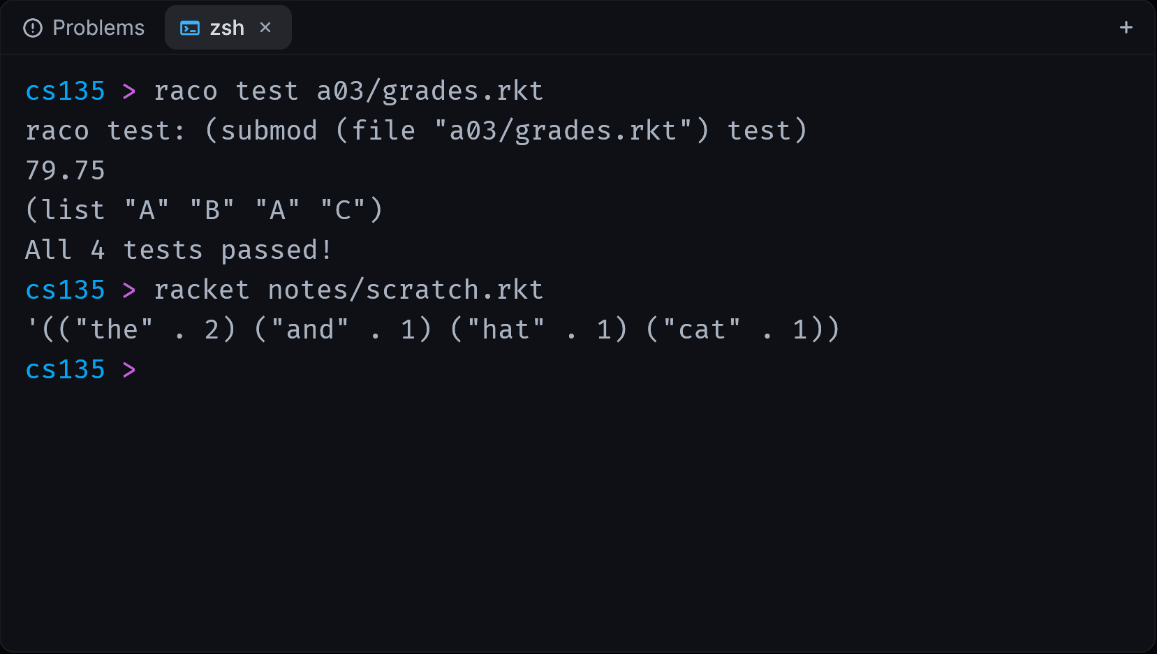 An integrated terminal in Dr. Rocket running raco test on an assignment.