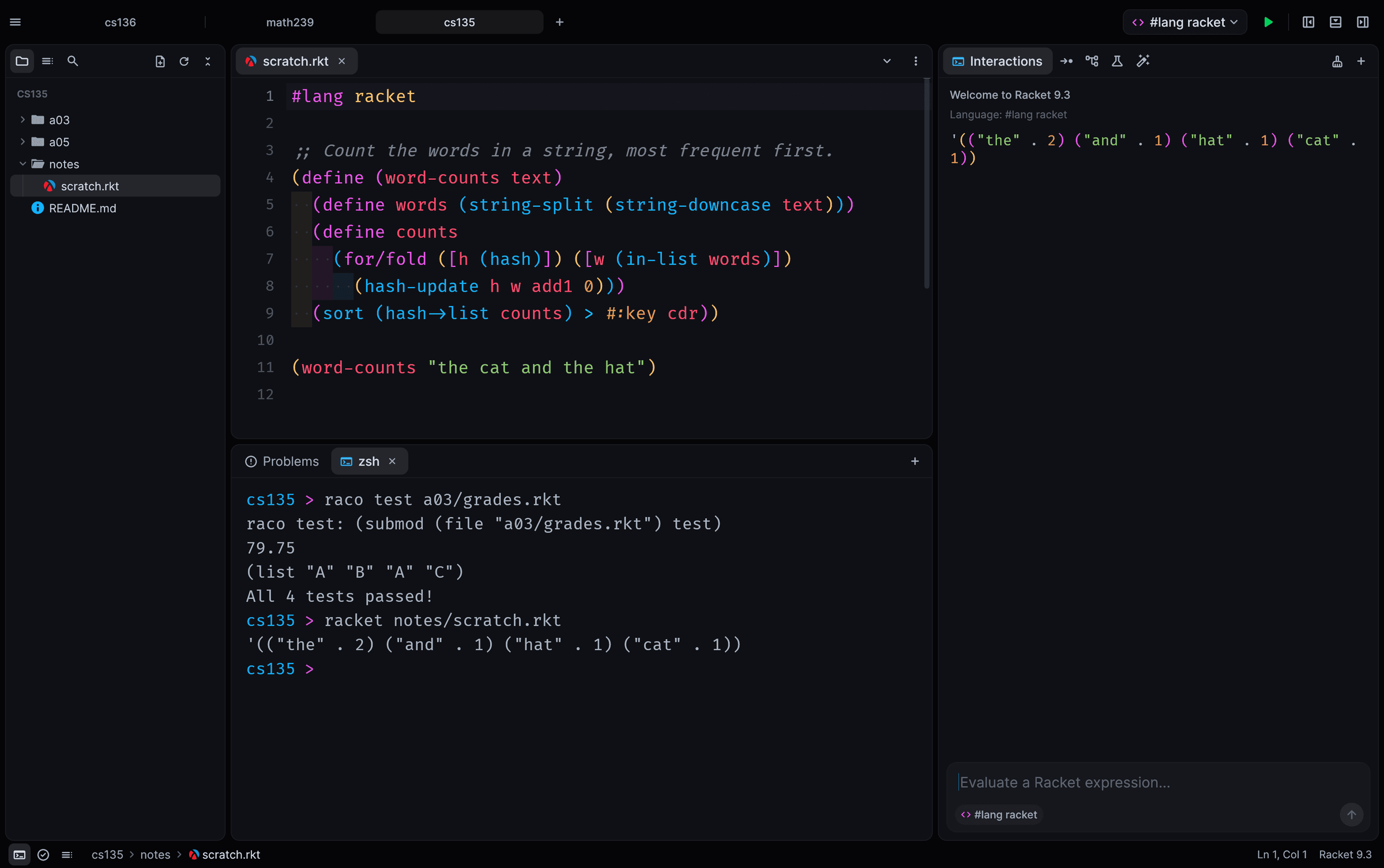 Three project tabs, cs136, math239 and cs135, with a #lang racket file open and an integrated terminal showing raco test results.